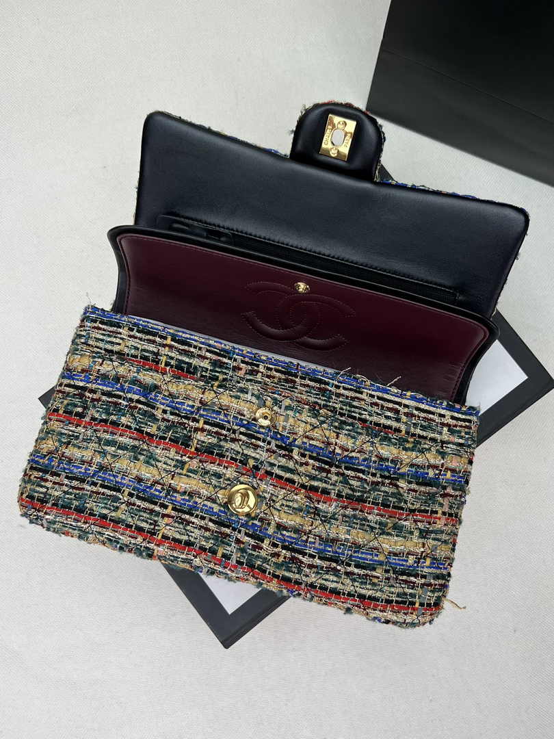 Chanel A01112 Classic Handbag Wool Tweed Gold-Tone Metal Beige Red