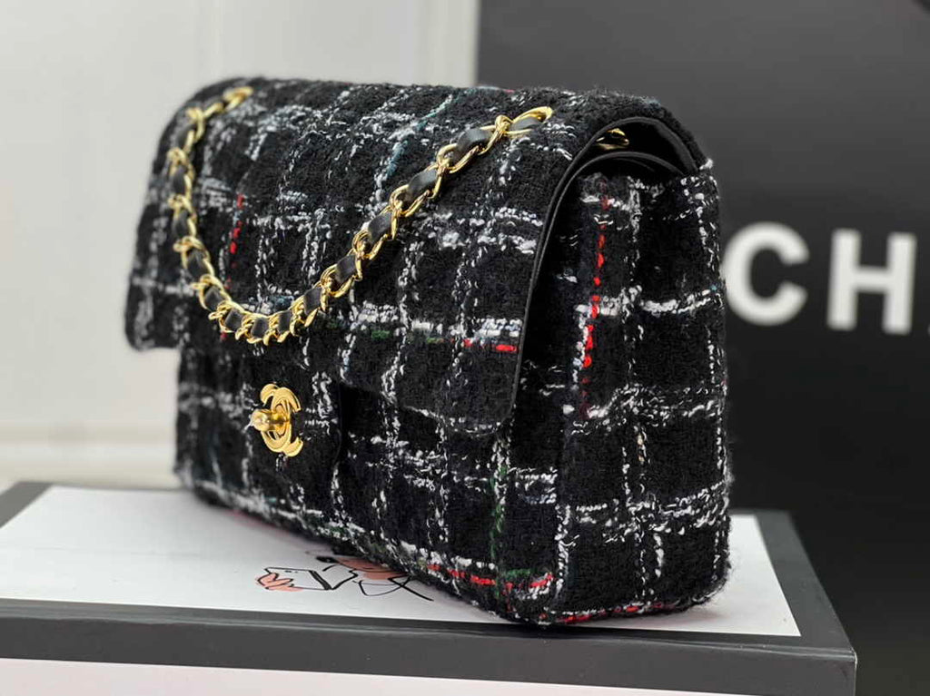 Chanel A01112 Classic Handbag Wool Tweed Gold-Tone Metal Black