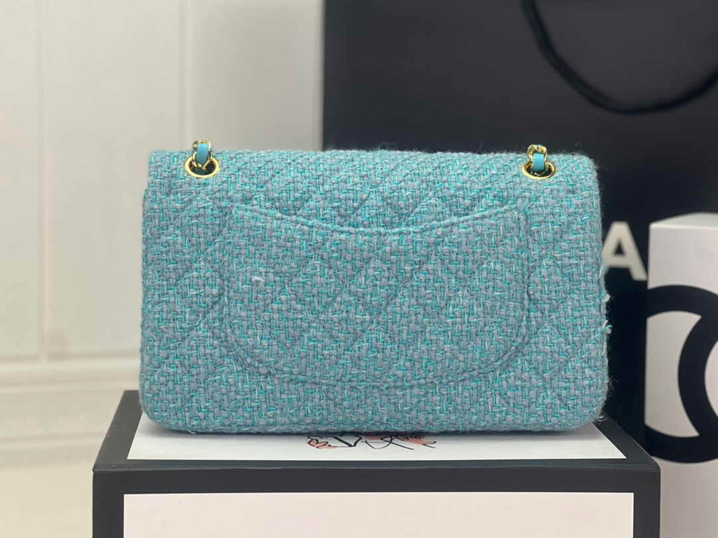 Chanel A01112 Classic Handbag Light Green Wool Tweed Gold-Tone Metal