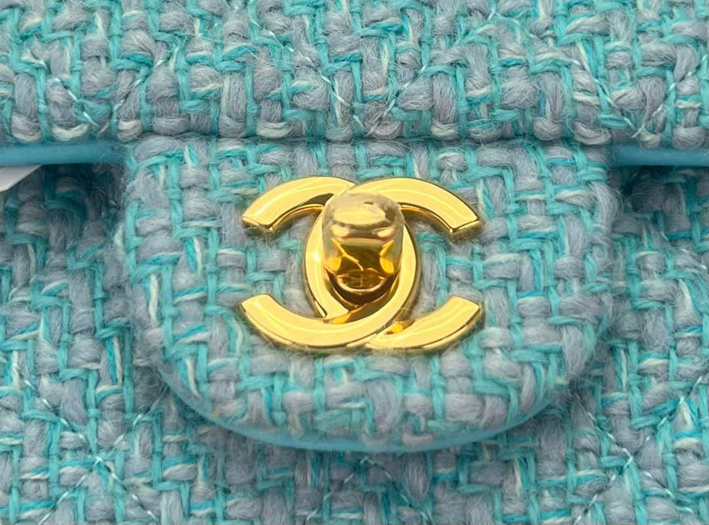 Chanel A01112 Classic Handbag Light Green Wool Tweed Gold-Tone Metal