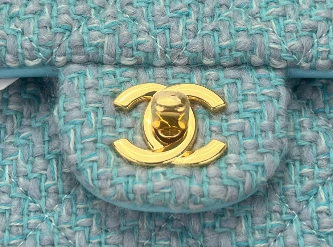 Chanel A01112 Classic Handbag Light Green Wool Tweed Gold-Tone Metal