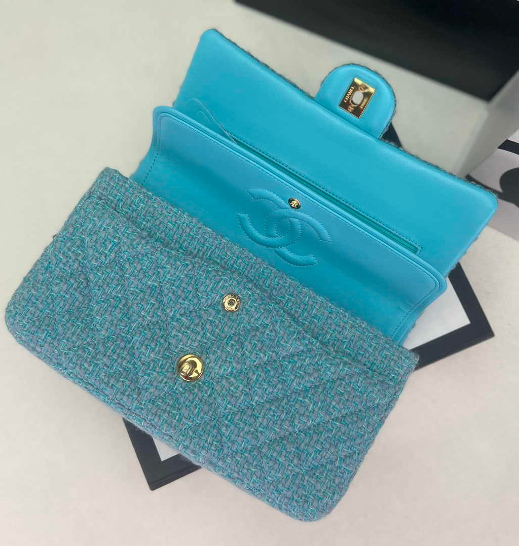 Chanel A01112 Classic Handbag Light Green Wool Tweed Gold-Tone Metal