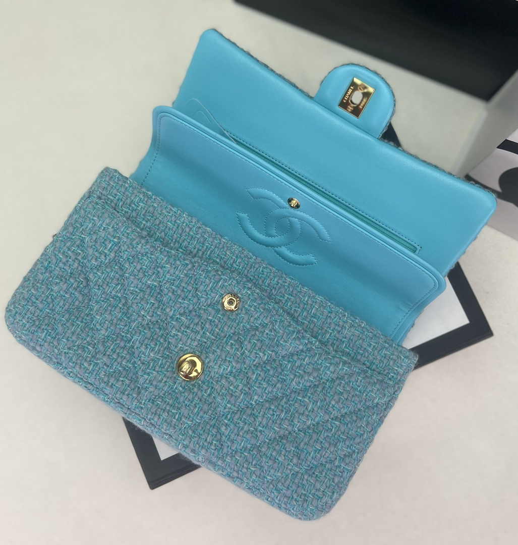 Chanel A01112 Classic Handbag Light Green Wool Tweed Gold-Tone Metal