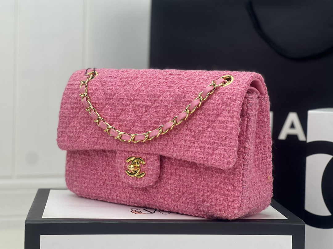 Chanel A01112 Classic Handbag Pink Wool Tweed Gold-Tone Metal