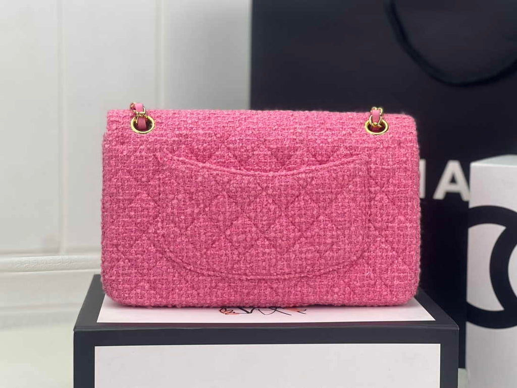 Chanel A01112 Classic Handbag Pink Wool Tweed Gold-Tone Metal