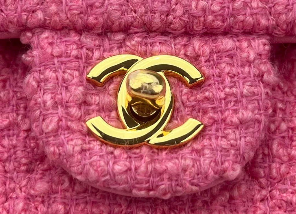 Chanel A01112 Classic Handbag Pink Wool Tweed Gold-Tone Metal