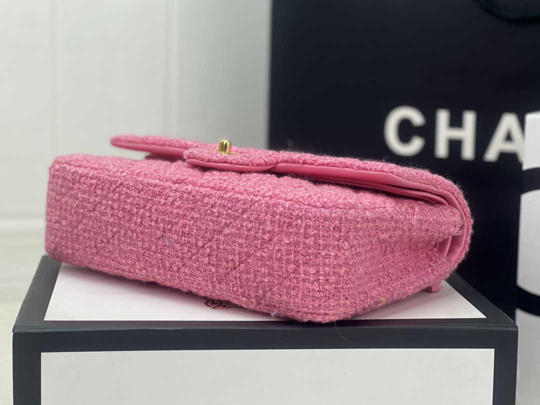Chanel A01112 Classic Handbag Pink Wool Tweed Gold-Tone Metal