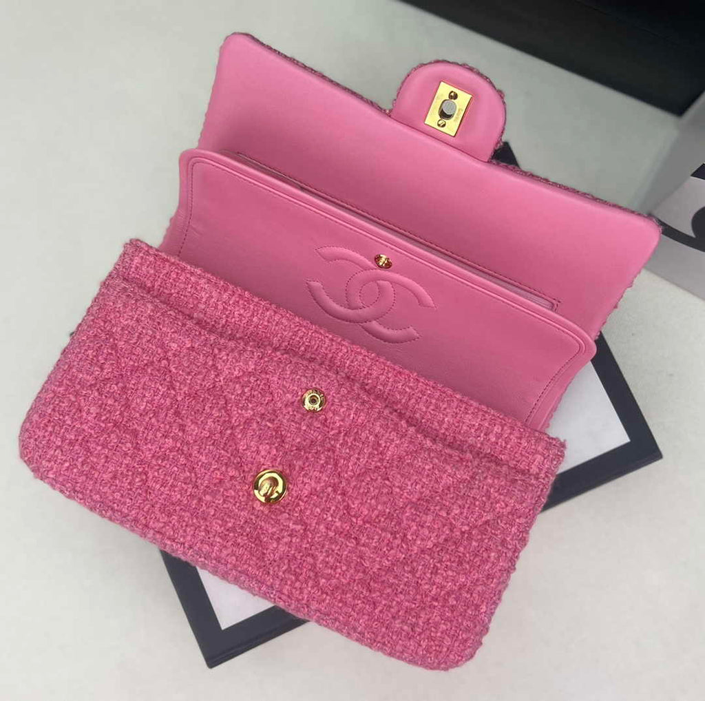 Chanel A01112 Classic Handbag Pink Wool Tweed Gold-Tone Metal