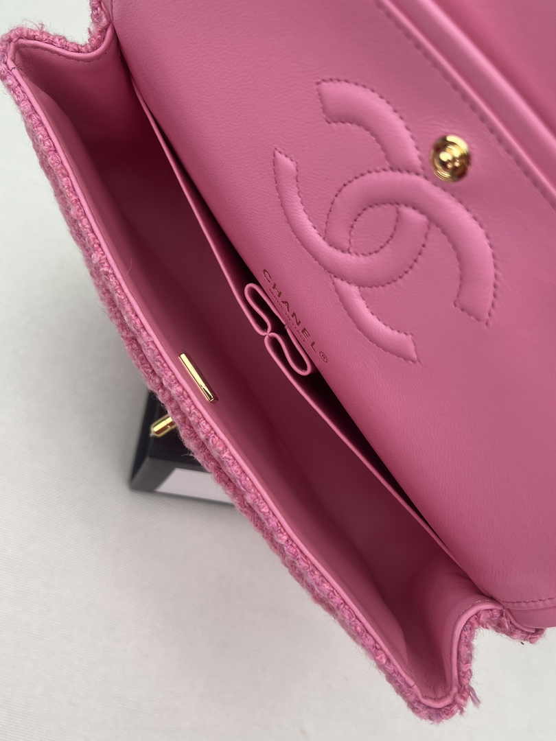Chanel A01112 Classic Handbag Pink Wool Tweed Gold-Tone Metal