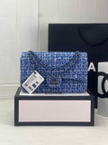 Chanel A01112 Classic Handbag Blue Wool Tweed Gold-Tone Metal