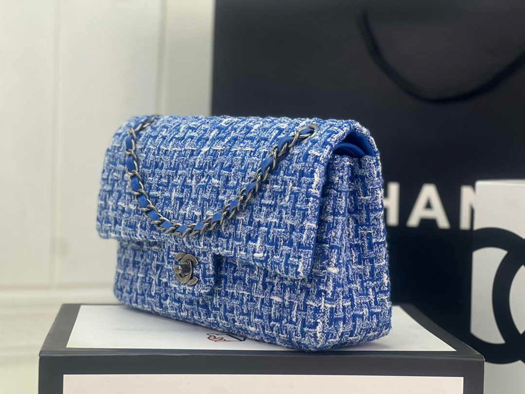 Chanel A01112 Classic Handbag Blue Wool Tweed Gold-Tone Metal