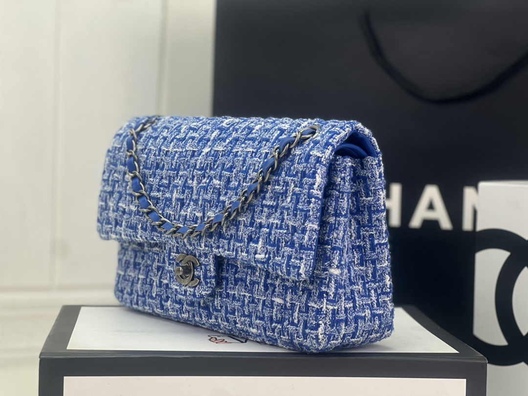 Chanel A01112 Classic Handbag Blue Wool Tweed Gold-Tone Metal