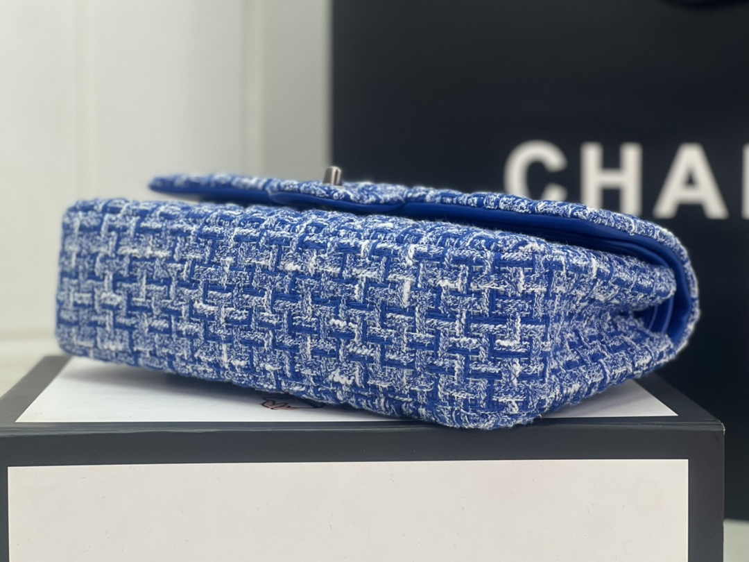 Chanel A01112 Classic Handbag Blue Wool Tweed Gold-Tone Metal