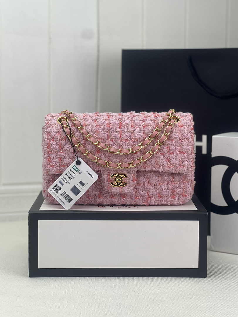 Chanel A01112 Classic Handbag Light Pink Wool Tweed Gold-Tone Metal