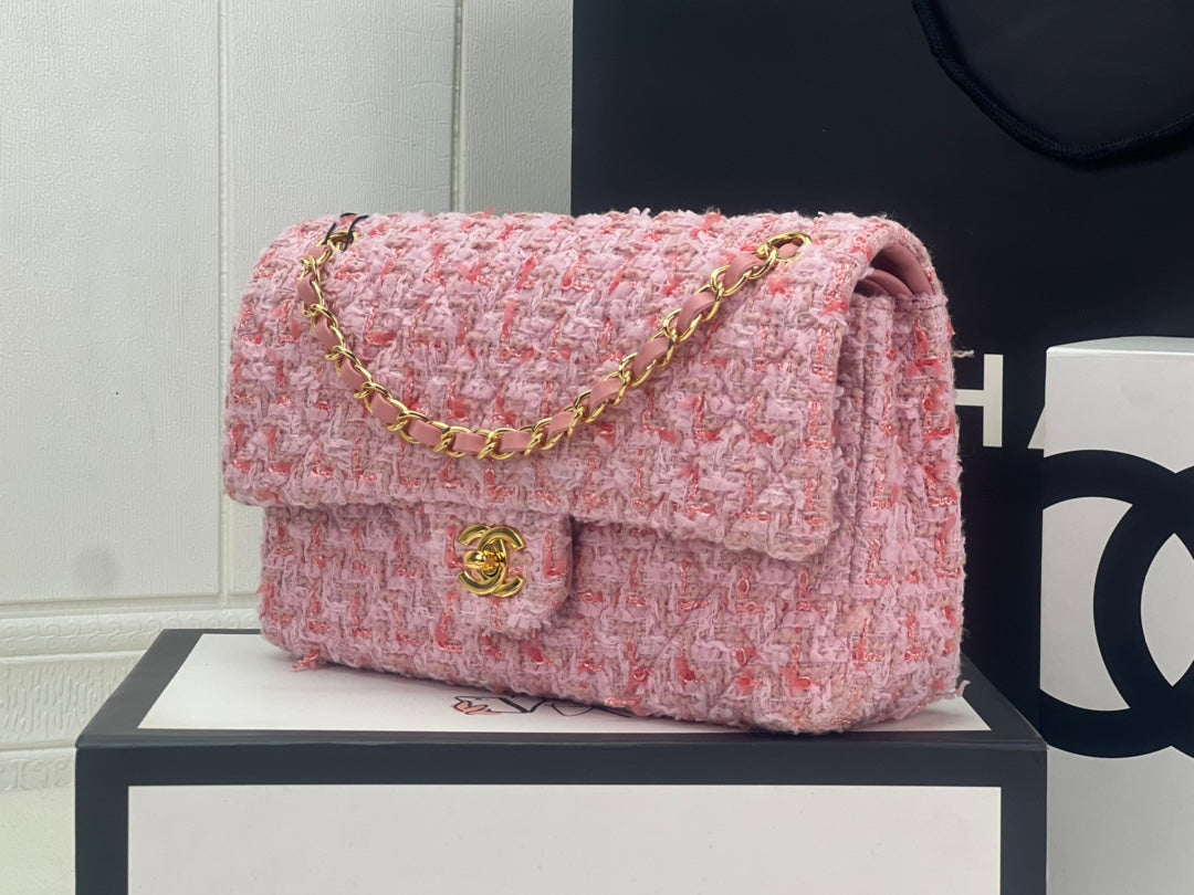 Chanel A01112 Classic Handbag Light Pink Wool Tweed Gold-Tone Metal