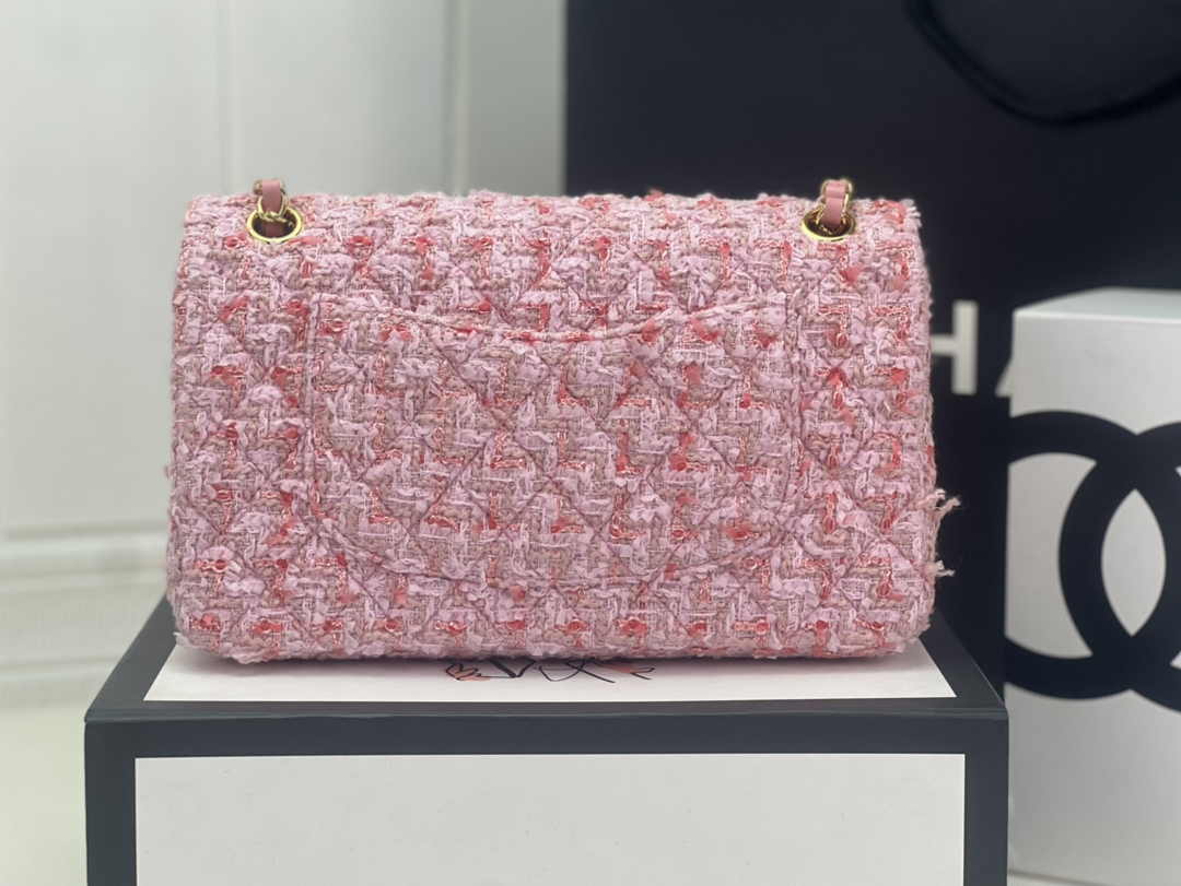 Chanel A01112 Classic Handbag Light Pink Wool Tweed Gold-Tone Metal