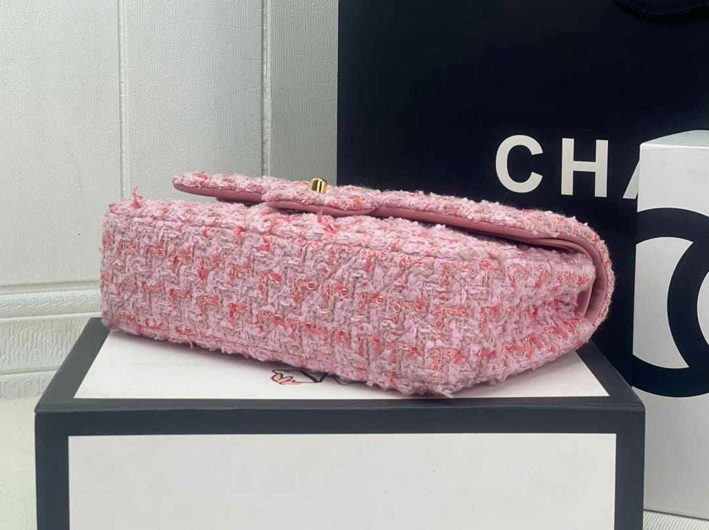 Chanel A01112 Classic Handbag Light Pink Wool Tweed Gold-Tone Metal