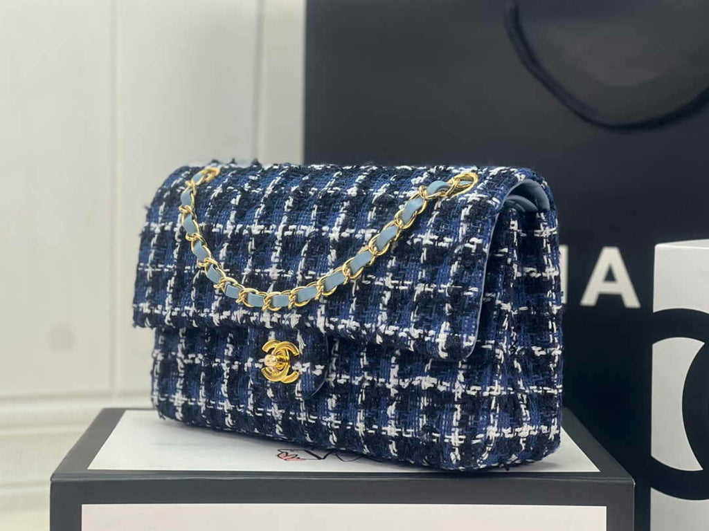 Chanel A01112 Classic Handbag Wool Tweed Gold-Tone Metal Blue