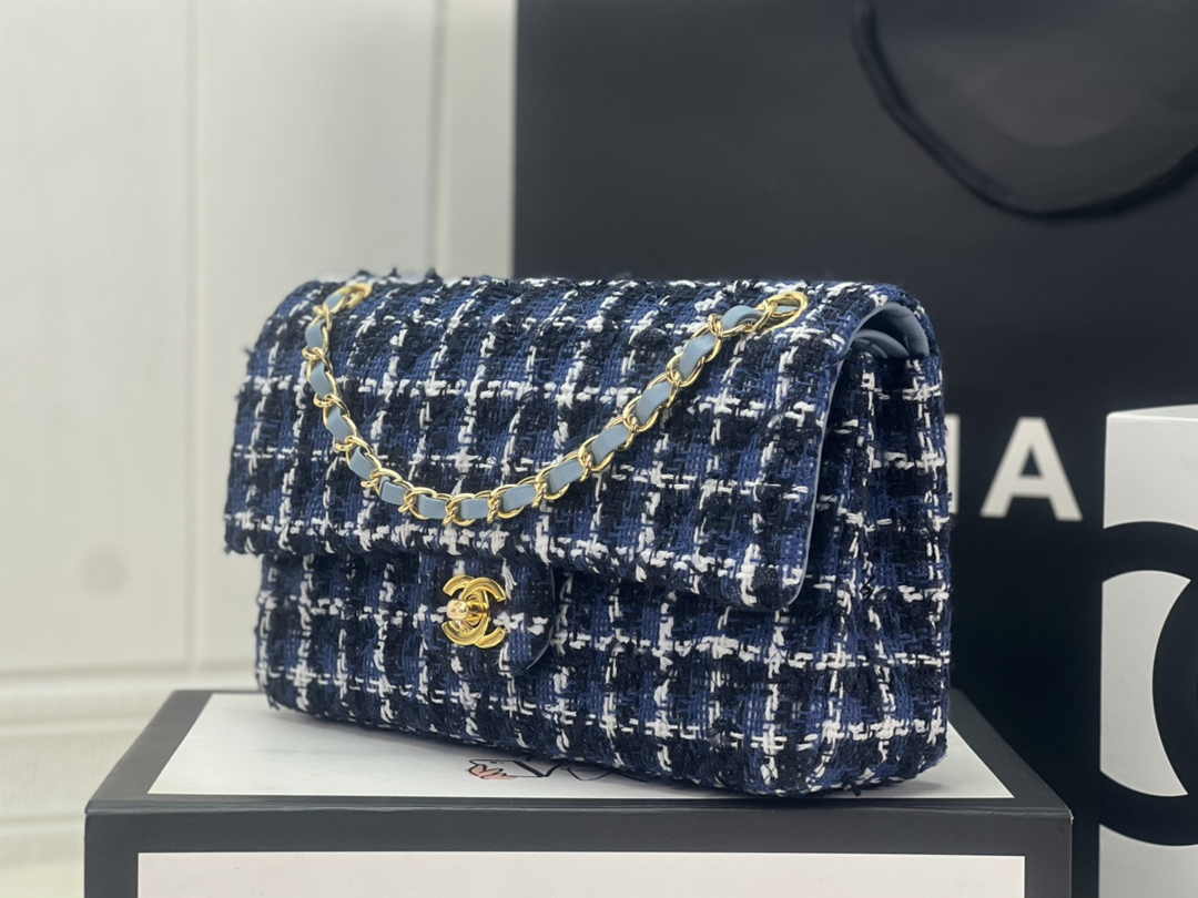 Chanel A01112 Classic Handbag Wool Tweed Gold-Tone Metal Blue