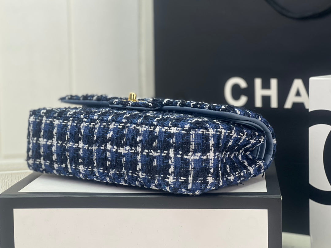 Chanel A01112 Classic Handbag Wool Tweed Gold-Tone Metal Blue