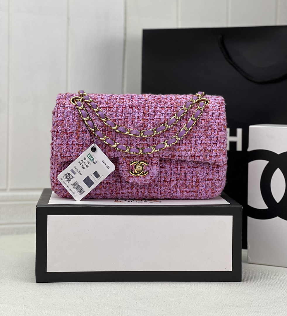 Chanel A01112 Classic Handbag Wool Tweed Gold-Tone Metal Purple