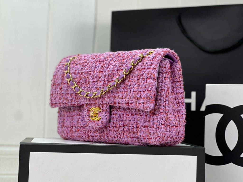 Chanel A01112 Classic Handbag Wool Tweed Gold-Tone Metal Purple