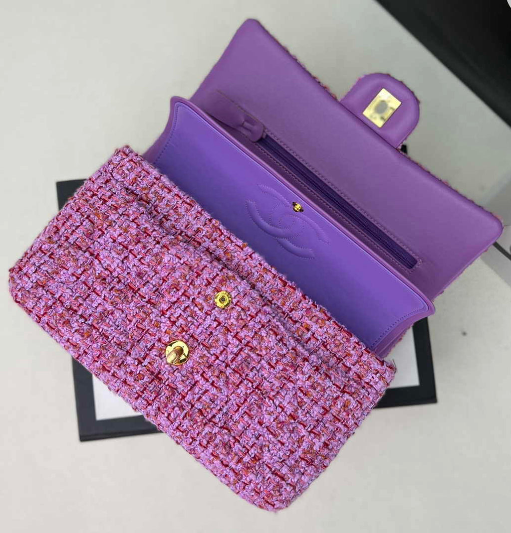 Chanel A01112 Classic Handbag Wool Tweed Gold-Tone Metal Purple