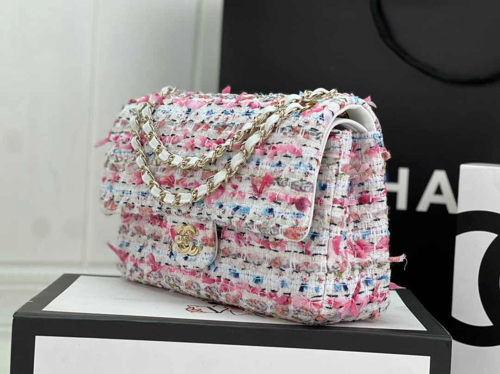 Chanel A01112 Classic Handbag Wool Tweed Gold-Tone Metal Beige