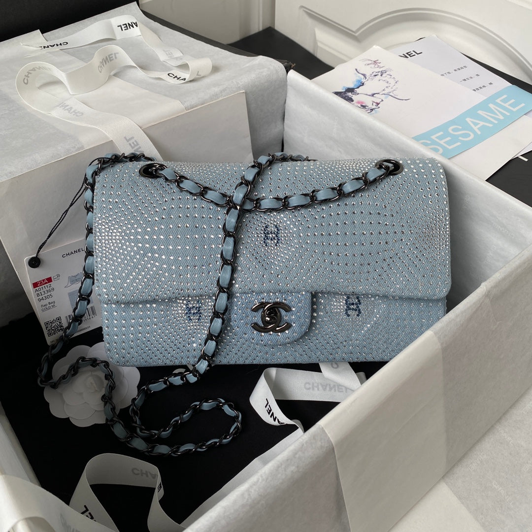 Chanel A01112 Classic Handbag Tweed Blue