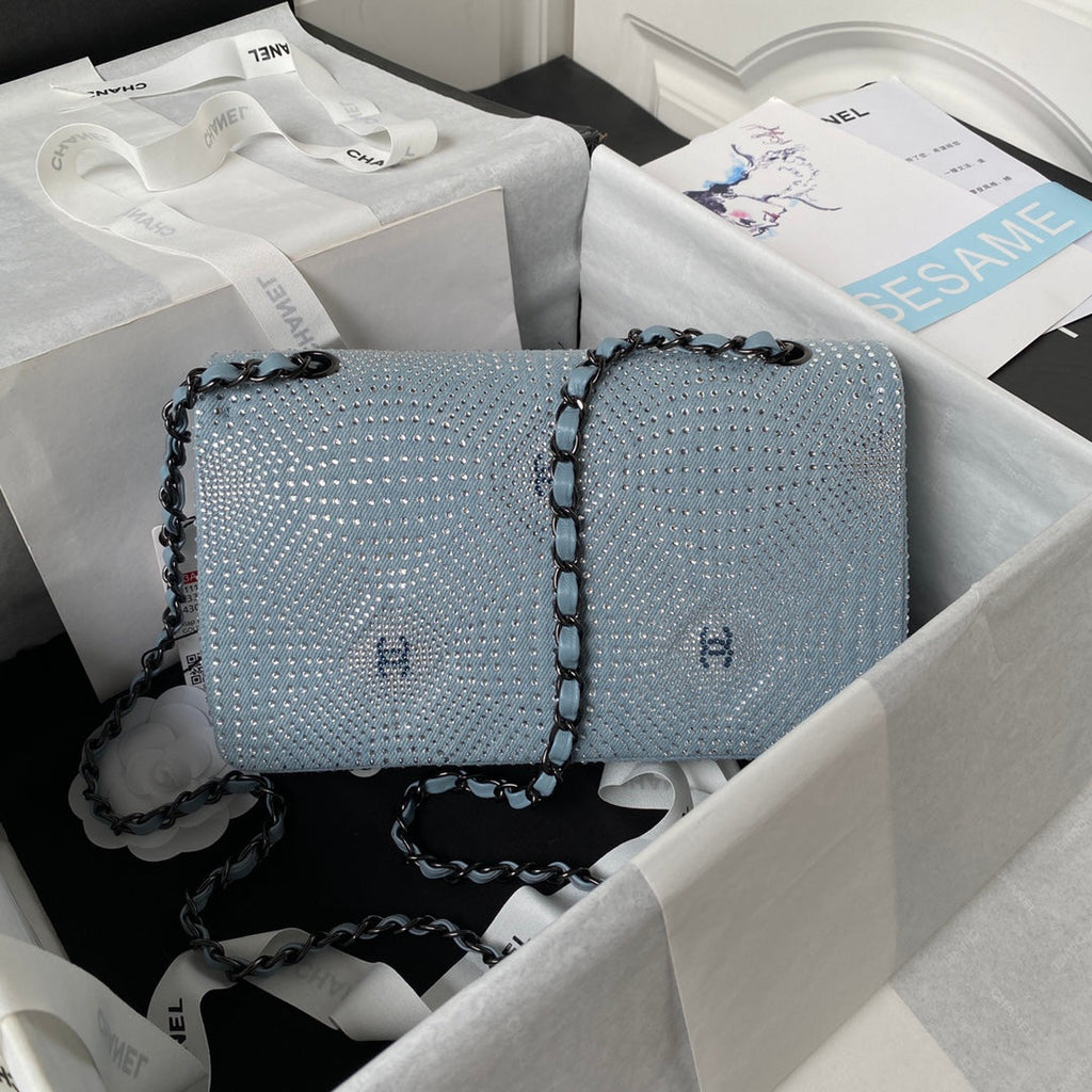 Chanel A01112 Classic Handbag Tweed Blue