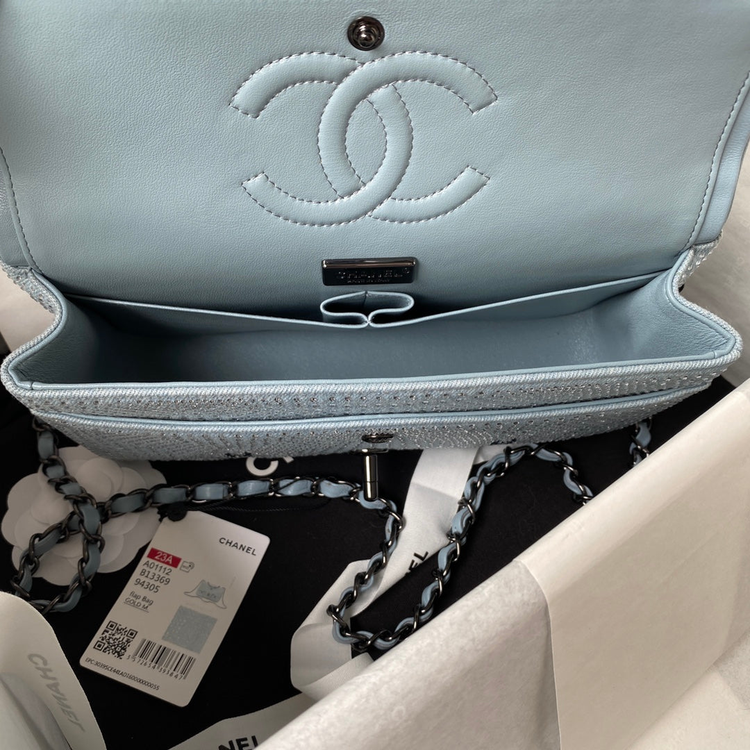 Chanel A01112 Classic Handbag Tweed Blue