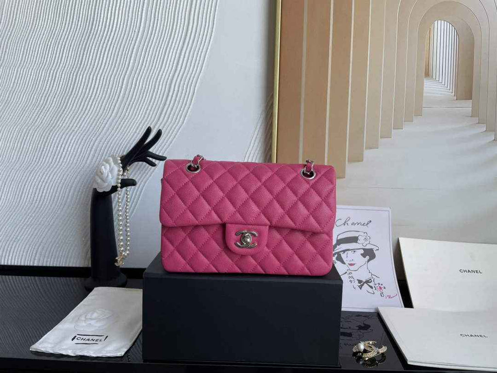 Chanel  A01113 Small Classic Handbag Grained Shiny Calfskin Plum Silver