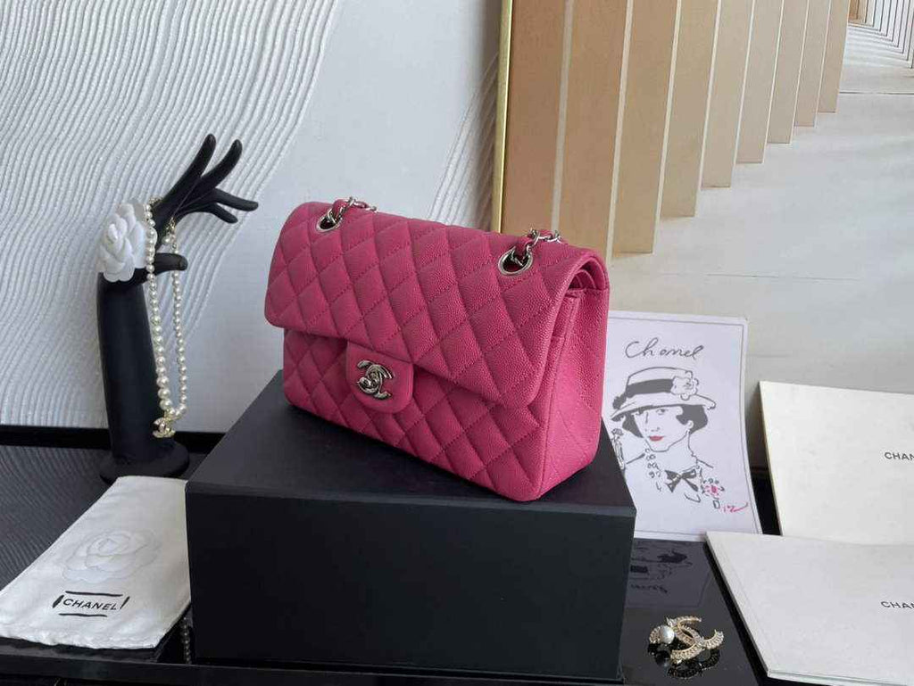 Chanel  A01113 Small Classic Handbag Grained Shiny Calfskin Plum Silver