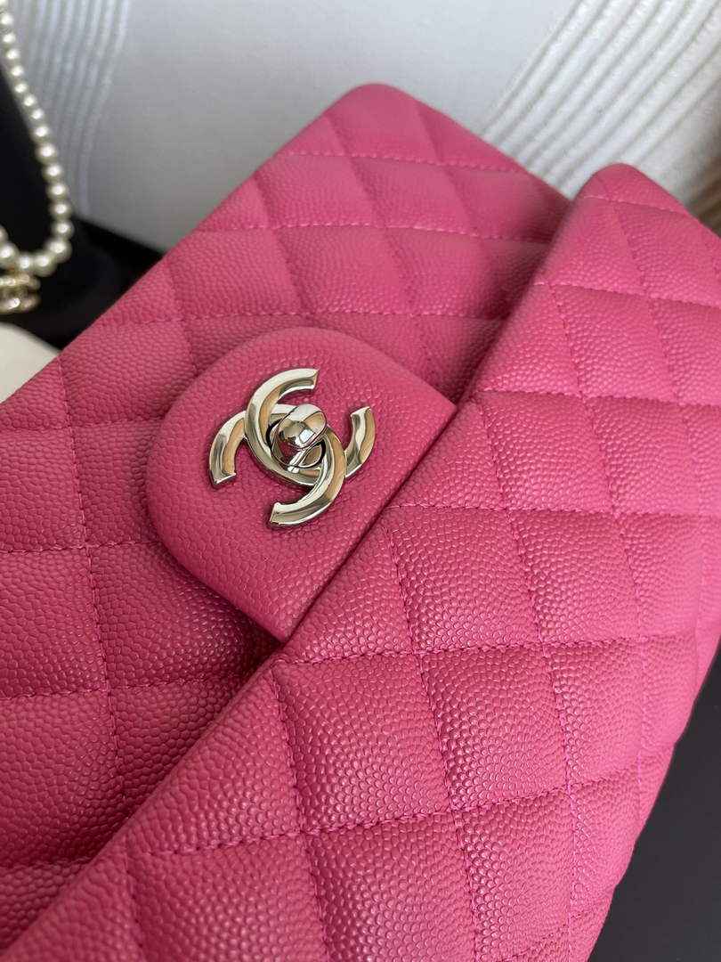 Chanel  A01113 Small Classic Handbag Grained Shiny Calfskin Plum Silver