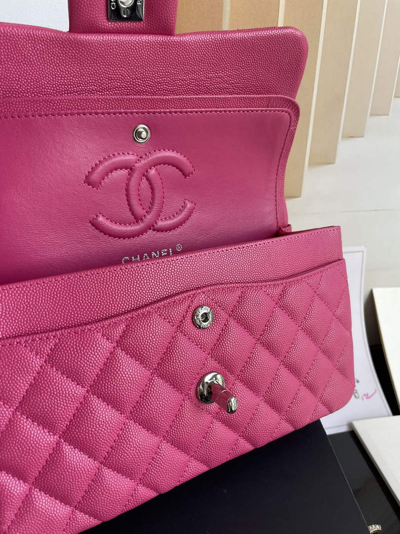 Chanel  A01113 Small Classic Handbag Grained Shiny Calfskin Plum Silver