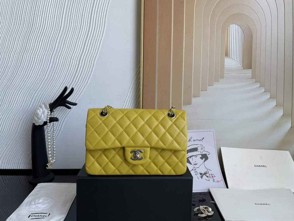 Chanel  A01113 Small Classic Handbag Grained Shiny Calfskin Yellow Silver