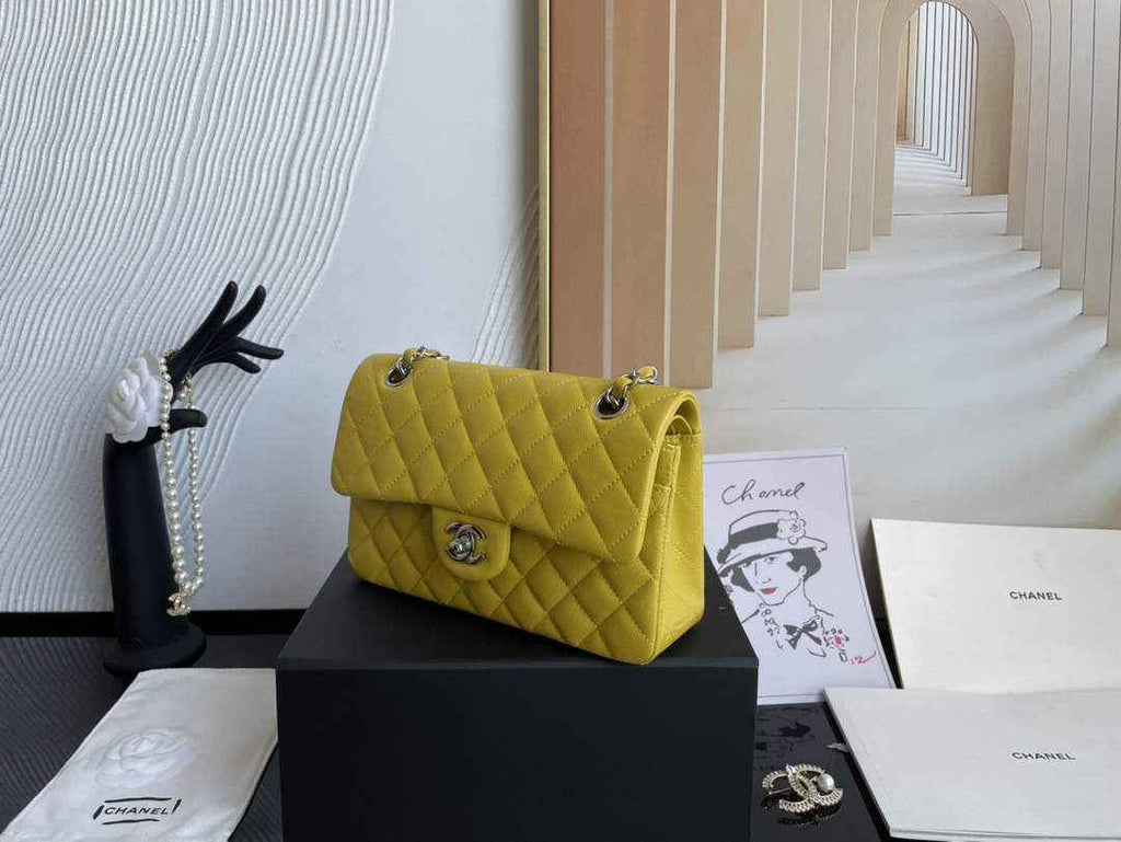 Chanel  A01113 Small Classic Handbag Grained Shiny Calfskin Yellow Silver
