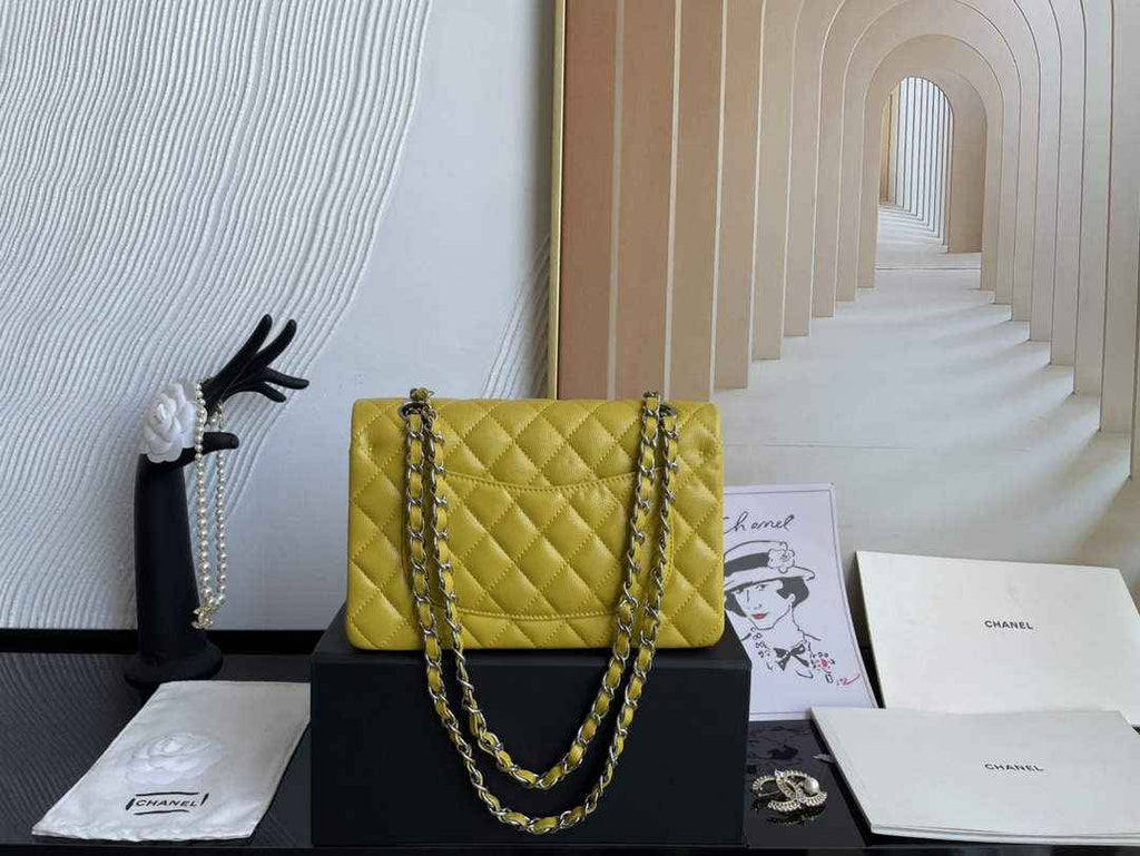 Chanel  A01113 Small Classic Handbag Grained Shiny Calfskin Yellow Silver