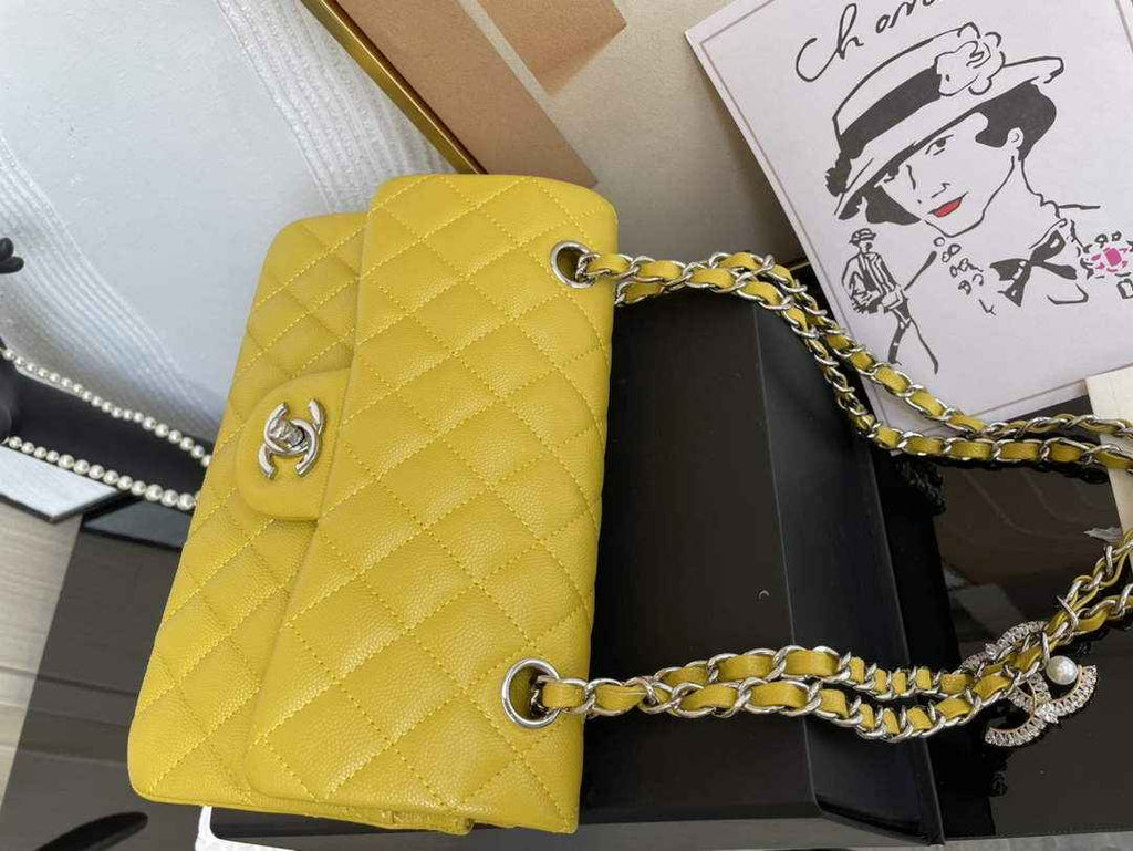 Chanel  A01113 Small Classic Handbag Grained Shiny Calfskin Yellow Silver