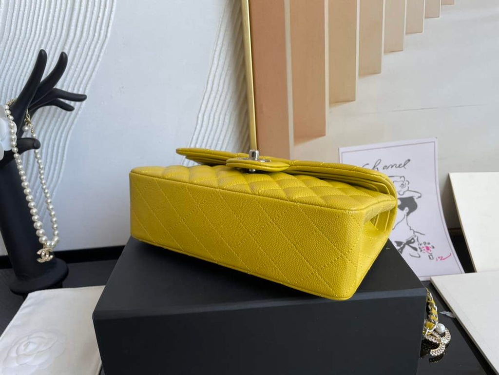 Chanel  A01113 Small Classic Handbag Grained Shiny Calfskin Yellow Silver