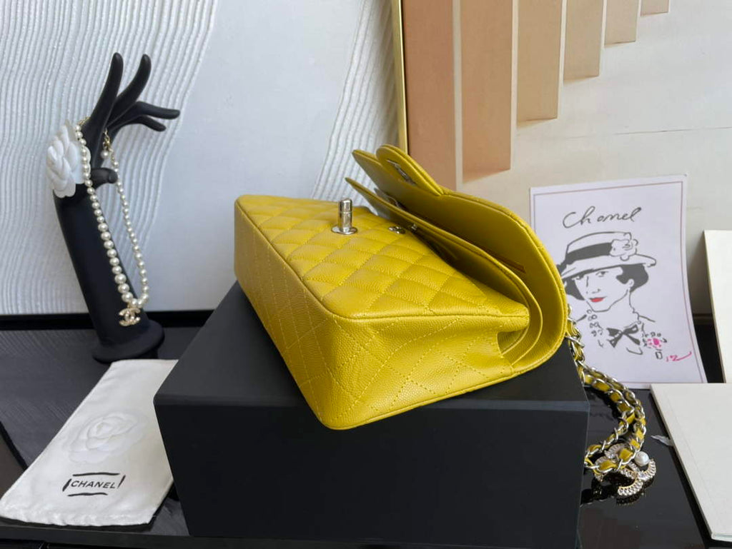 Chanel  A01113 Small Classic Handbag Grained Shiny Calfskin Yellow Silver