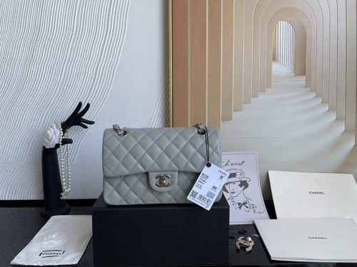 Chanel  A01113 Small Classic Handbag Grained Shiny Calfskin Gray Silver