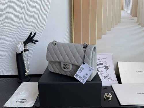 Chanel  A01113 Small Classic Handbag Grained Shiny Calfskin Gray Silver