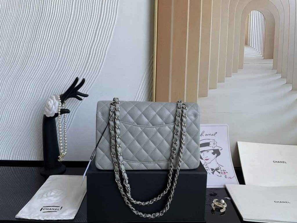 Chanel  A01113 Small Classic Handbag Grained Shiny Calfskin Gray Silver