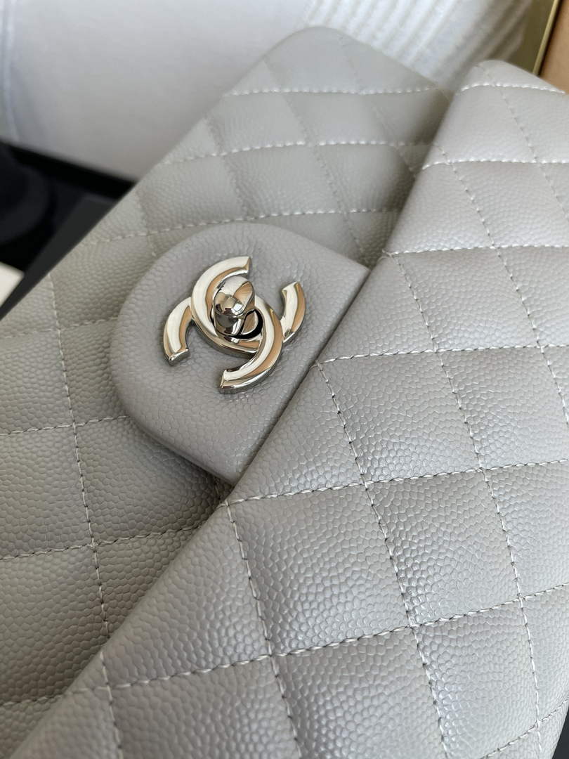 Chanel  A01113 Small Classic Handbag Grained Shiny Calfskin Gray Silver