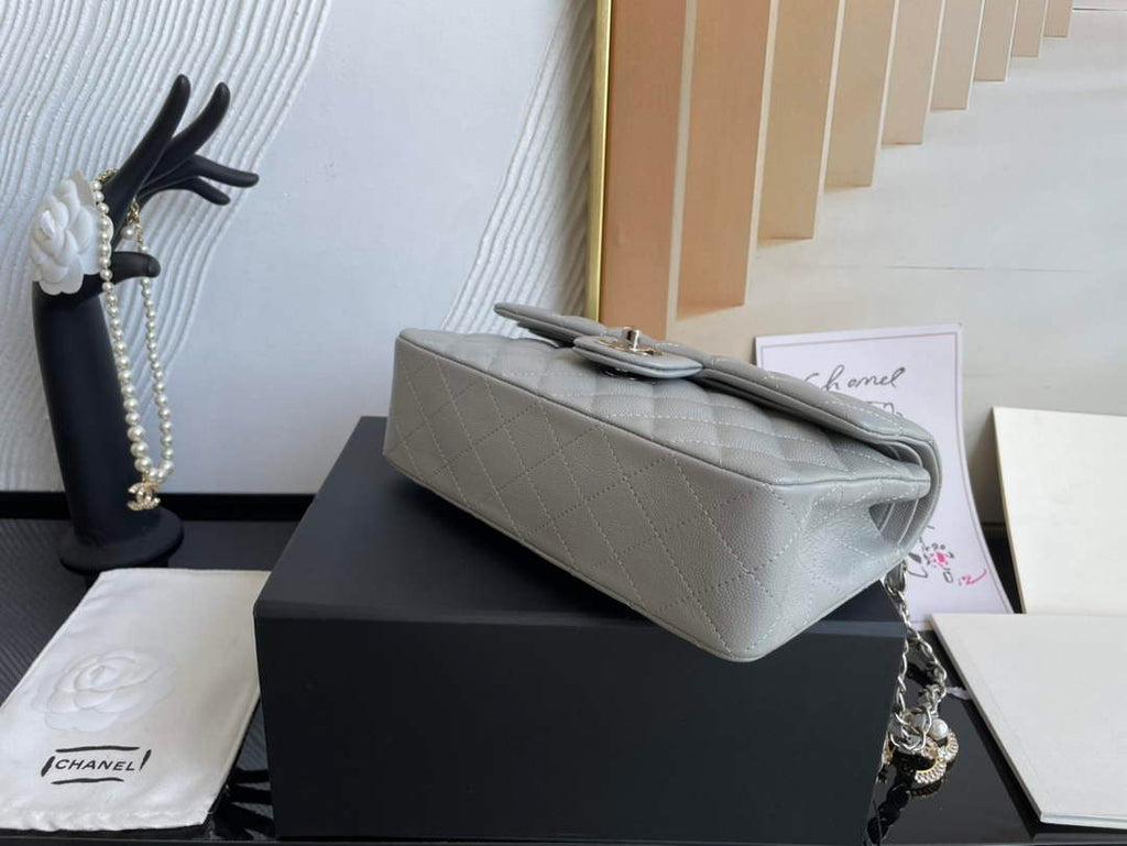 Chanel  A01113 Small Classic Handbag Grained Shiny Calfskin Gray Silver