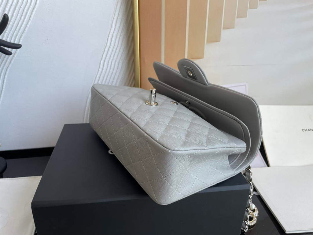 Chanel  A01113 Small Classic Handbag Grained Shiny Calfskin Gray Silver