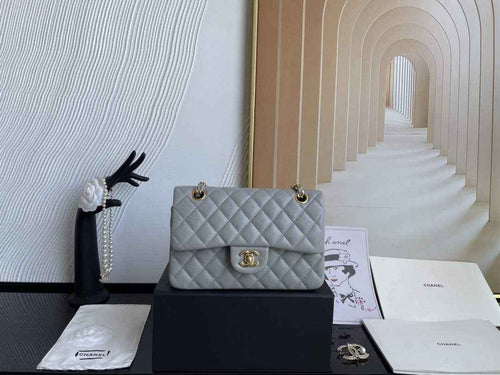 Chanel  A01113 Small Classic Handbag Grained Shiny Calfskin Gray Gold