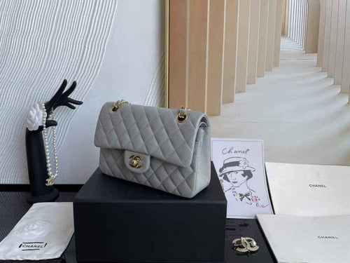 Chanel  A01113 Small Classic Handbag Grained Shiny Calfskin Gray Gold