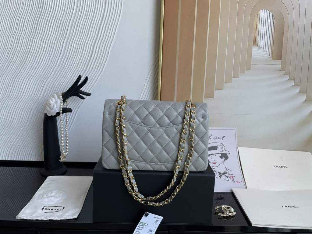 Chanel  A01113 Small Classic Handbag Grained Shiny Calfskin Gray Gold